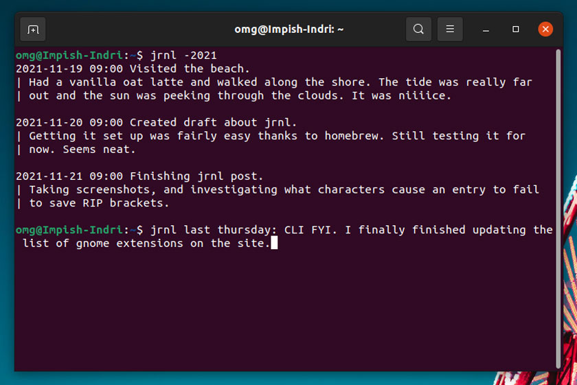 екранна снимка на jrnl на ubuntu 21.10
