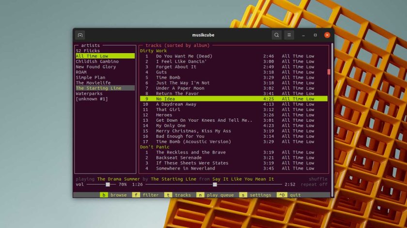 a screenshot of musikcube in the gnome terminal app on ubuntu 21.10