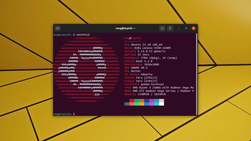a screenshot of neofetch on ubuntu 21.10