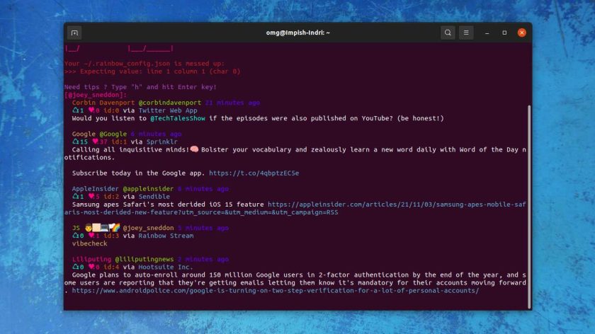 a screenshot of rainbowstream twitter  terminal client on ubuntu desktop