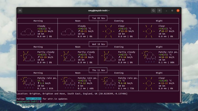 a screenshot of wtrr.in command line weather app on ubuntu 21.10