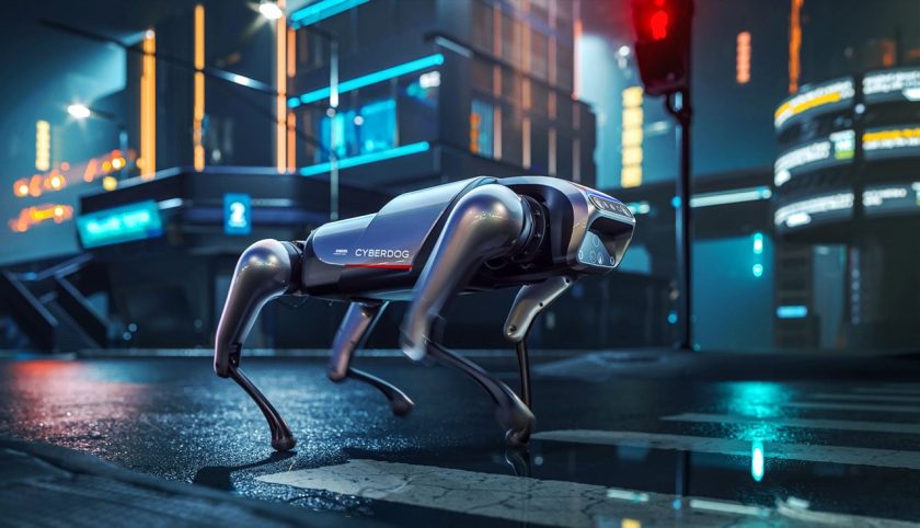 a photo of the xiaomi cyberdog walking on a street in the rain