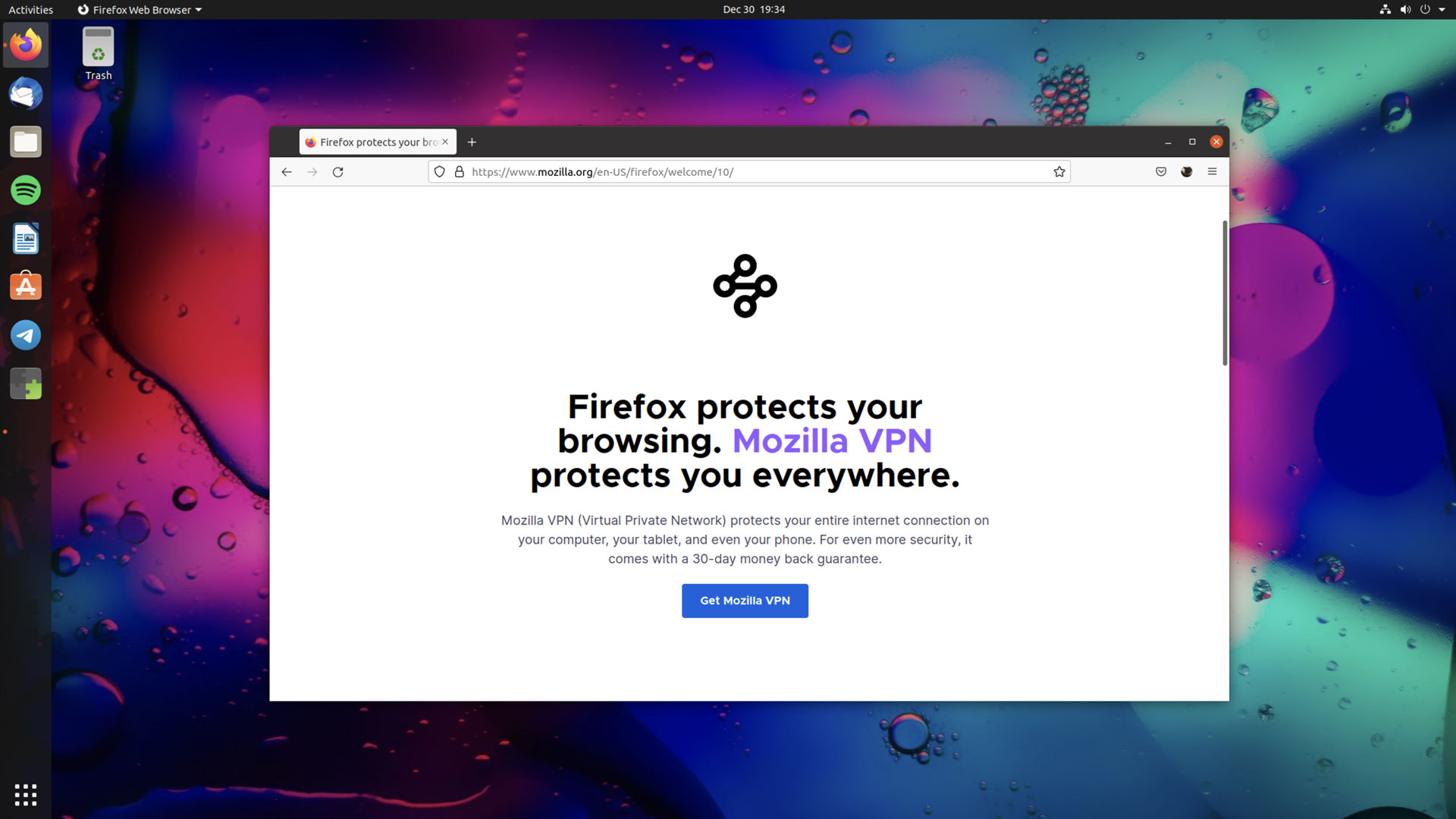 приветствен раздел на firefox, показващ Mozilla VPN 