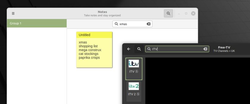 a screenshot of Linux Mint 20.3 sticky notes and Hypnotix apps