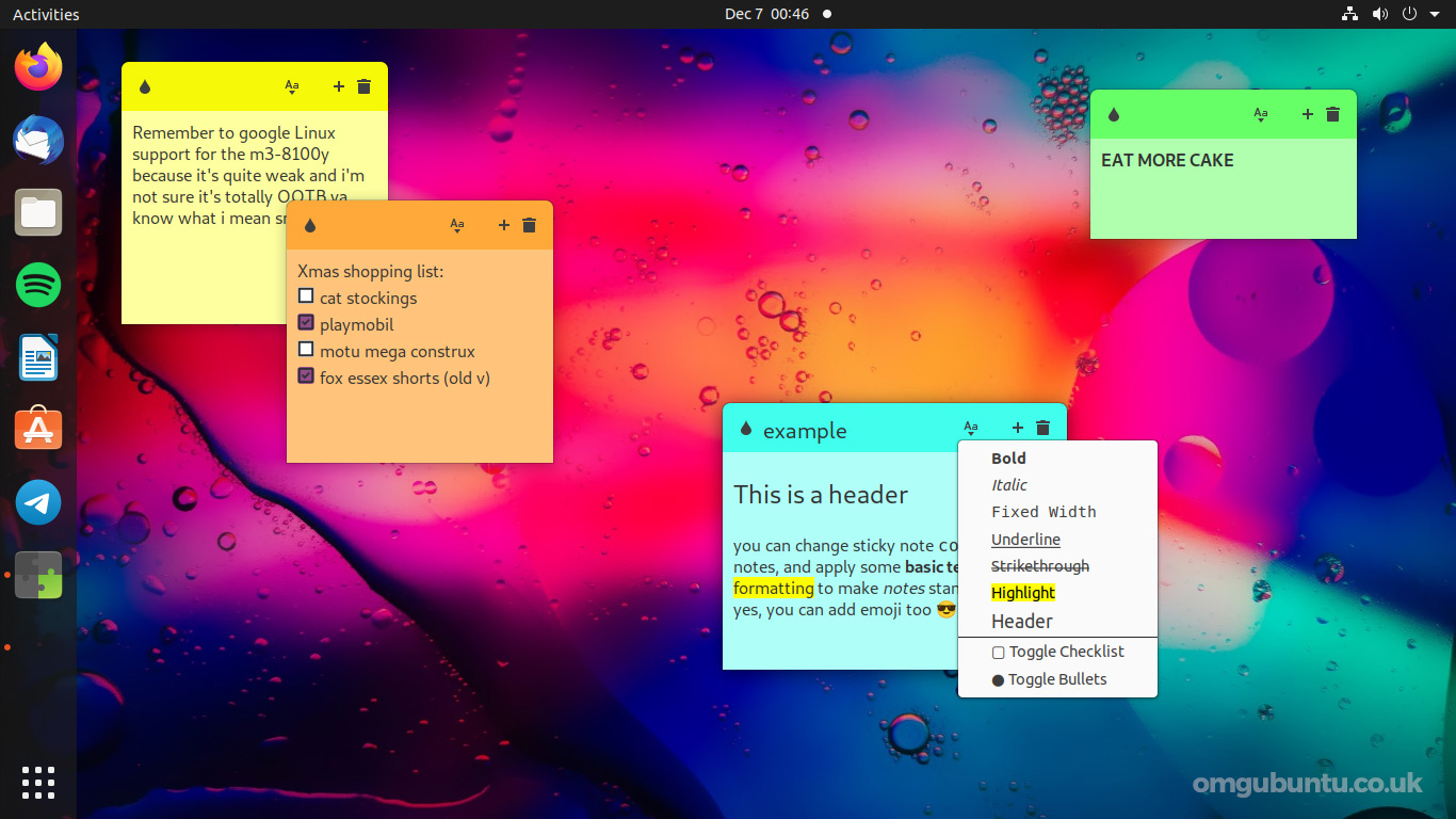 a screenshot of the sticky notes app running on ubuntu 20.04 LTS