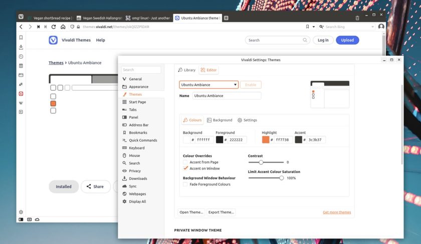 A screenshot of the theme editor in Vivaldi web browser