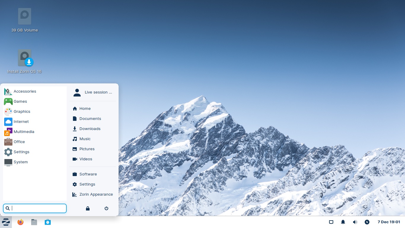 a screenshot of zorin os 16 lite desktop with the app menu open