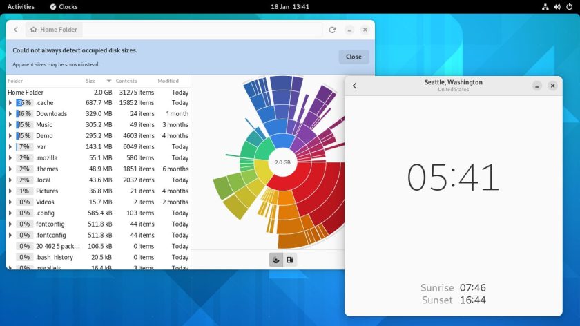 GNOME 42 alpha screen of disk app and clock app
