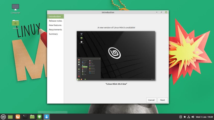 a second screenshot showing the upgrade to Linux Mint 20.3 Una 