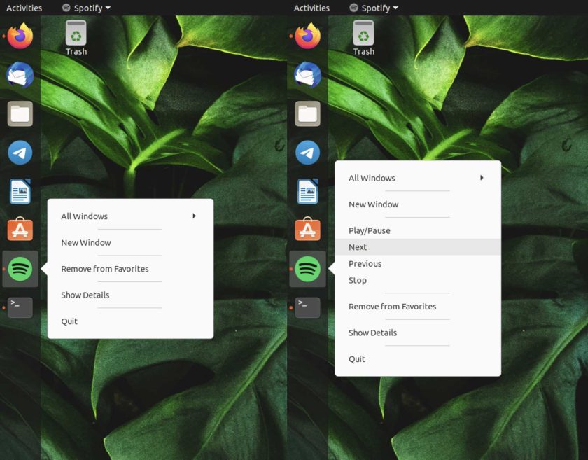 screenshot of dock options for spotify on ubuntu in GNOME Shell