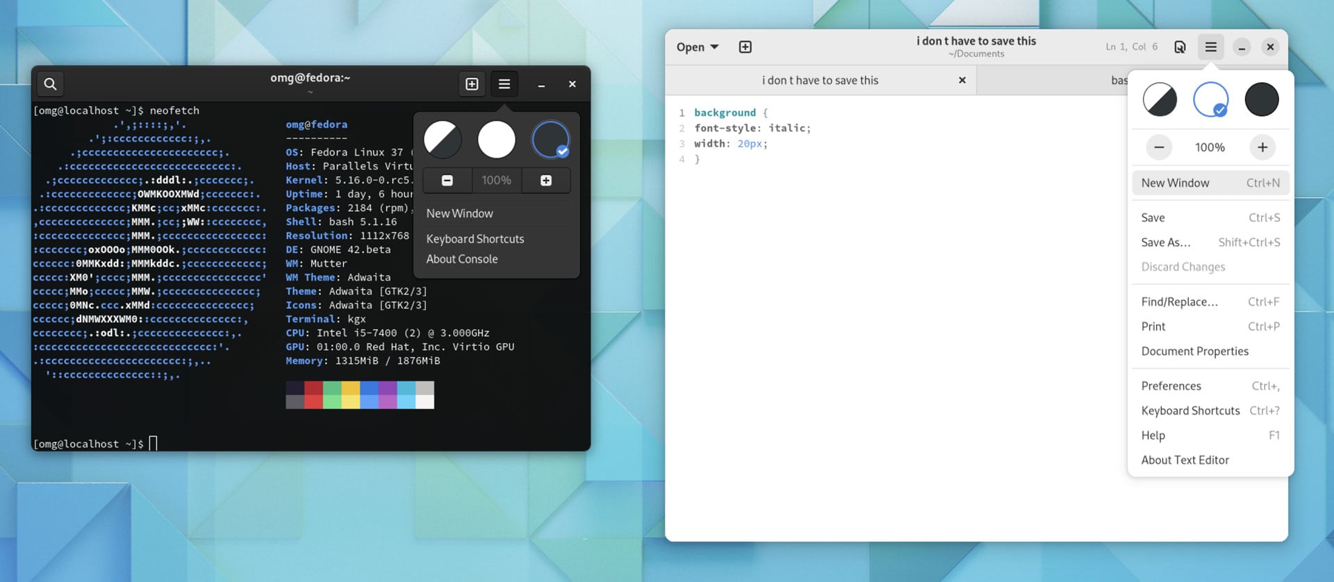 screenshot of gnome 42 console and text editor applications with menus open
