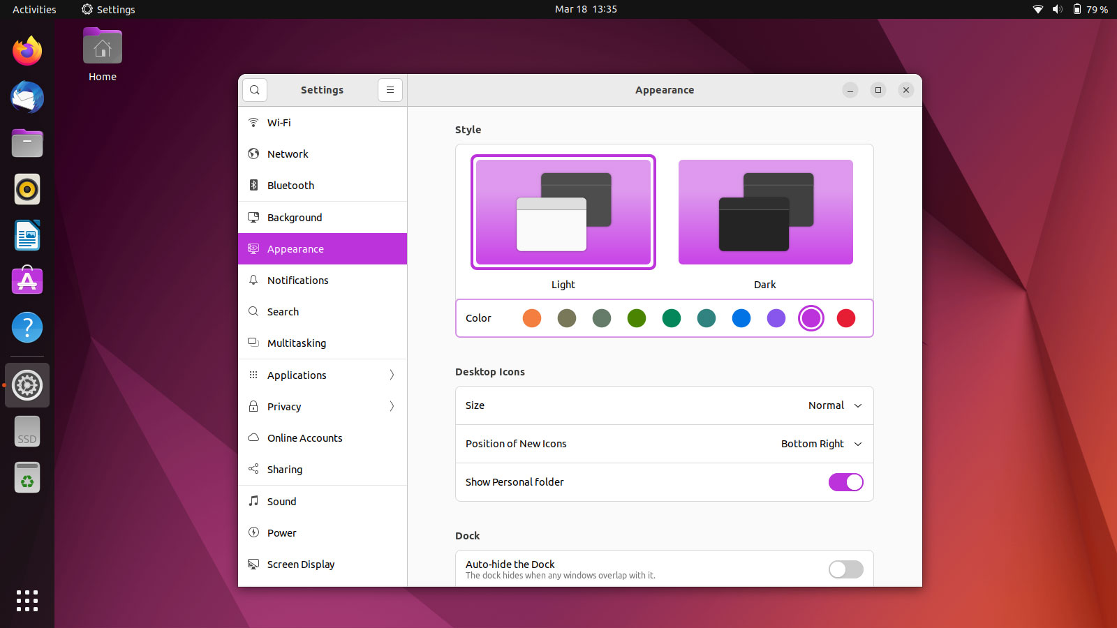 screenshot of accent colours in ubuntu 22.04
