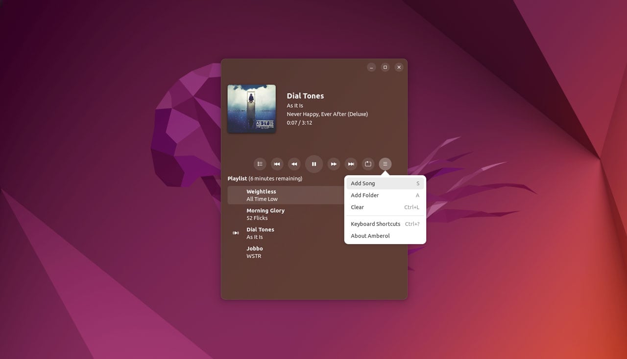 втора екранна снимка на музикален плейър Amberol на Ubuntu 22.04 LTS