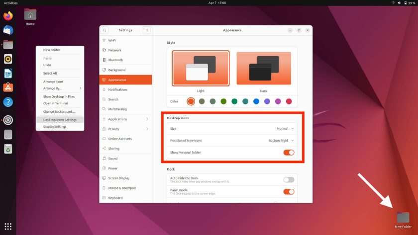 screenshot of desktop icon settings in ubuntu 22.04