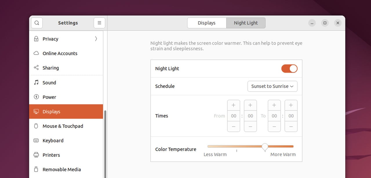 screenshot of night light in ubuntu 22.04