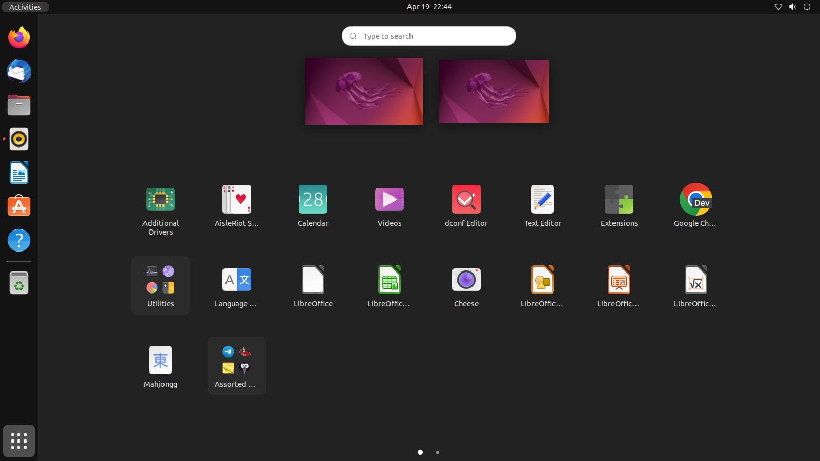a screenshot of Ubuntu 22.04 app launcher