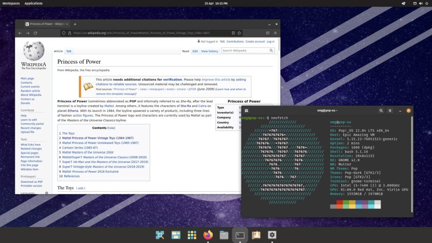 a desktop screenshot of pop os 22.04 lts