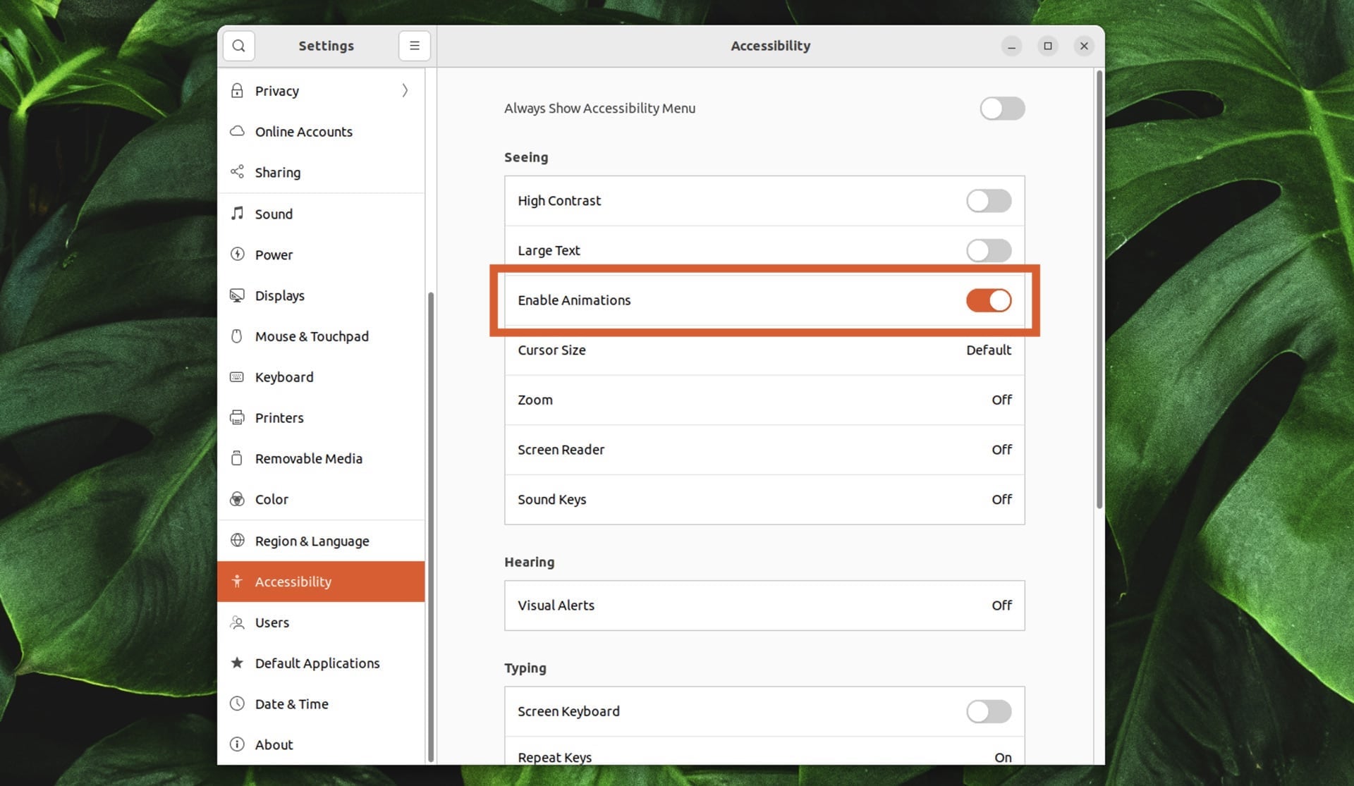 Екранна снимка на настройките за достъпност в Ubuntu 22.04, с подчертан превключвател за активиране на анимации.