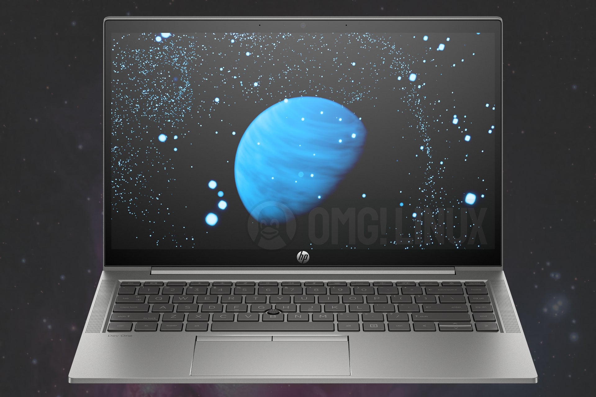 image of the HP Dev One Linux laptop against a space background