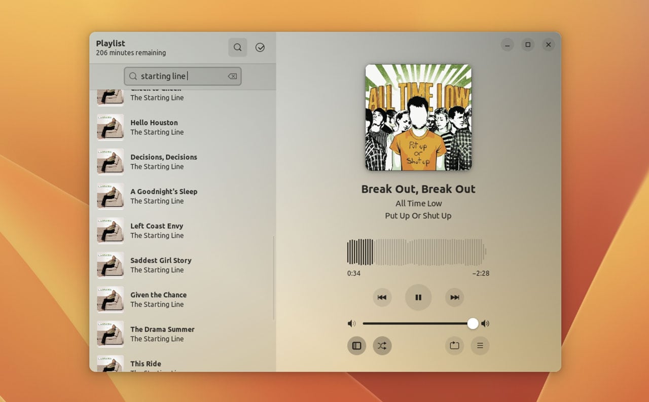 Screenshot of the Amberol music player search feature