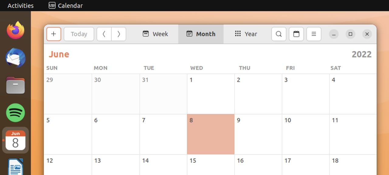 екранна снимка, показваща отвореното приложение за календар на ubuntu 