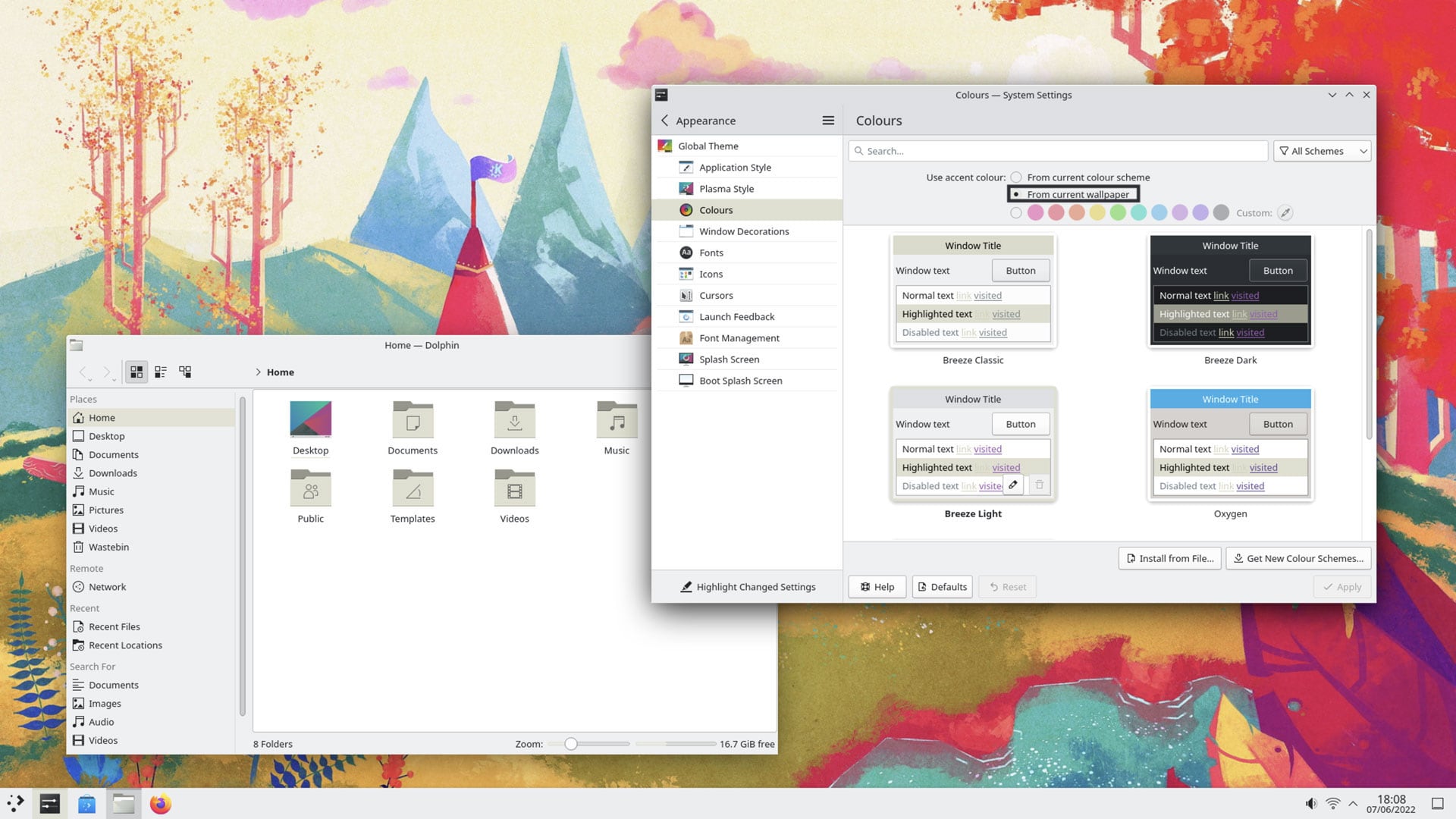 Screenshot of KDE Plasma 5.25's new 'use accent colour from current wallpaper' option