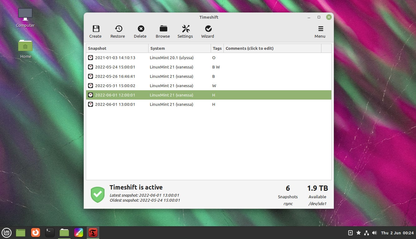 a screenshot of Timeshift on Linux Mint
