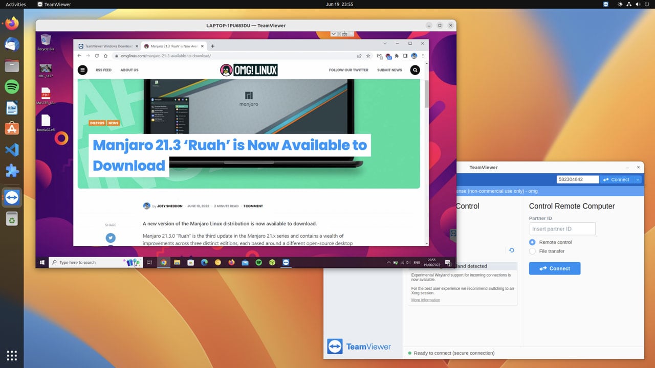 Screenshot of TeamViewer on Ubuntu 22.04 LTS accessing a Windows 10 remote