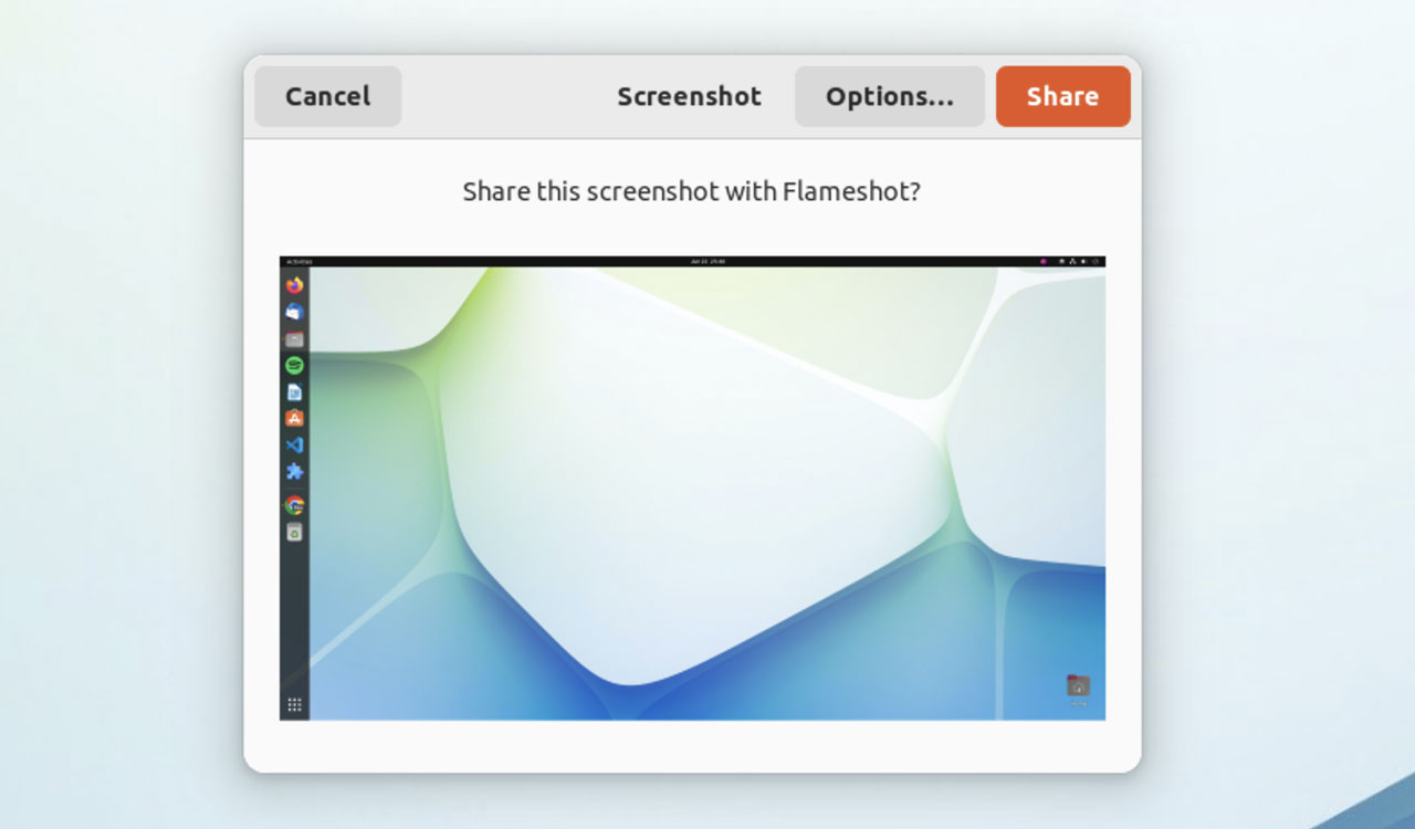 Екранна снимка на диалоговия прозорец Flameshot
