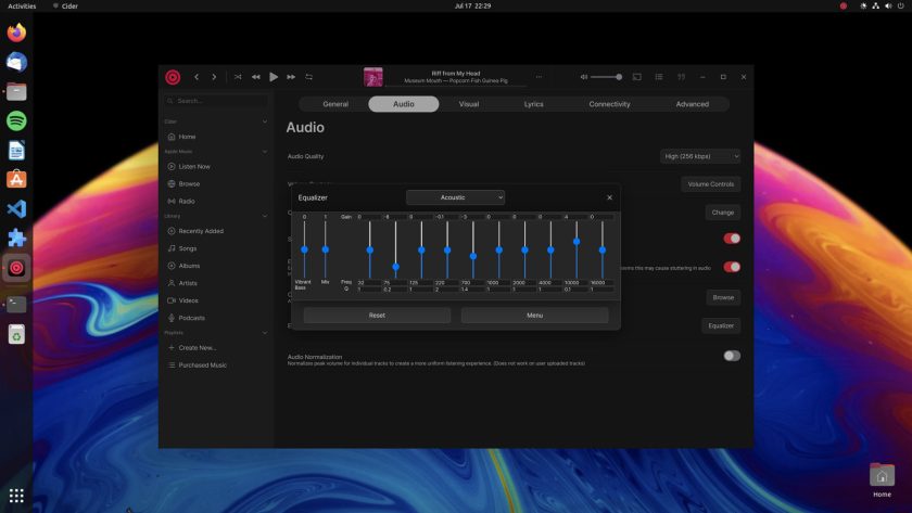 екранна снимка на клиентски еквалайзер за сайдер Apple Music