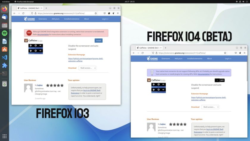 screenshot showing two versions of firefox, one showing an error and one showing success