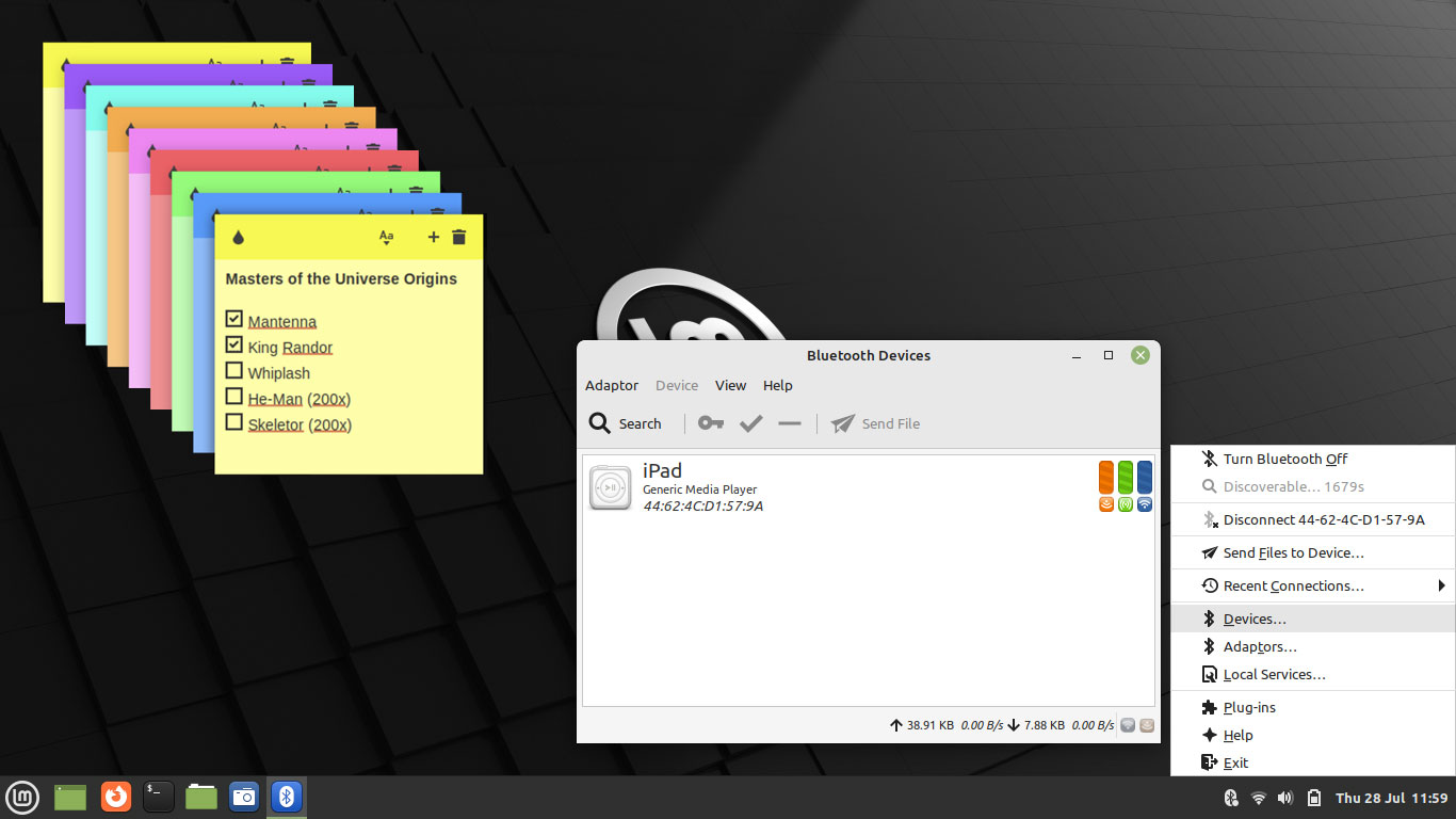 Екранна снимка на Linux Mint 21, показваща приложението за бележки и bluetooth инструмента blueman