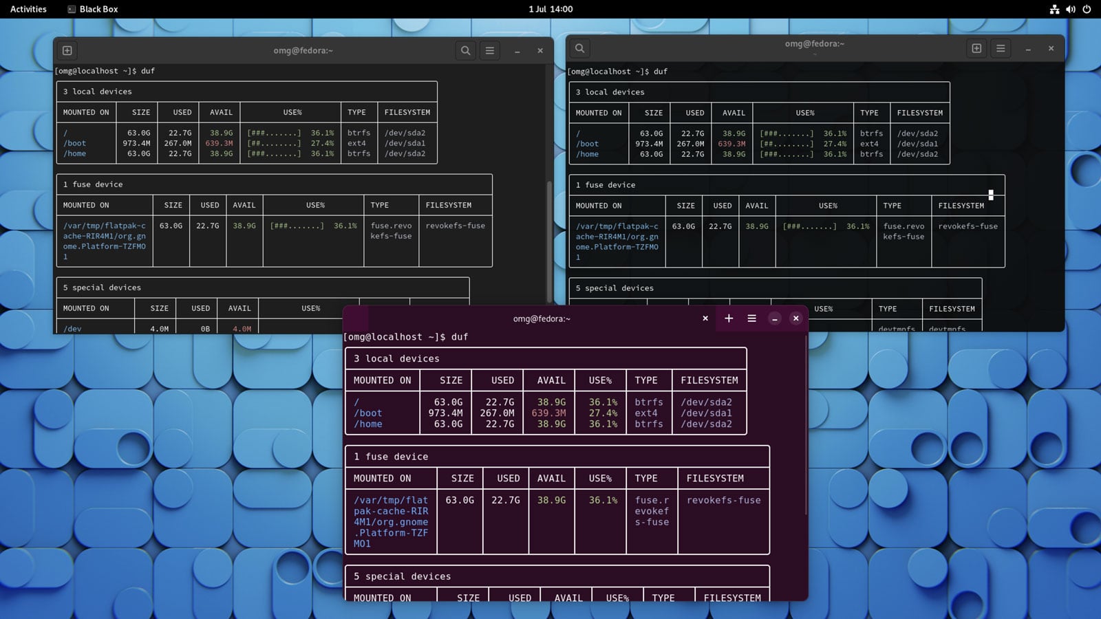 screenshot showing gnome terminal, gnome console, and blackbox on Fedora desktop