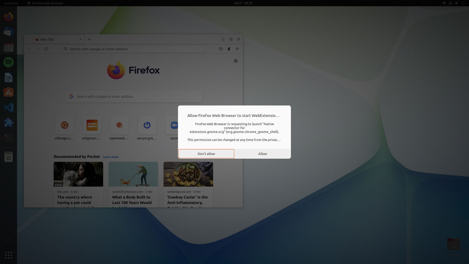 screenshot of a dialog asking "allow firefox web browser to start WebExtensions…" permission 
