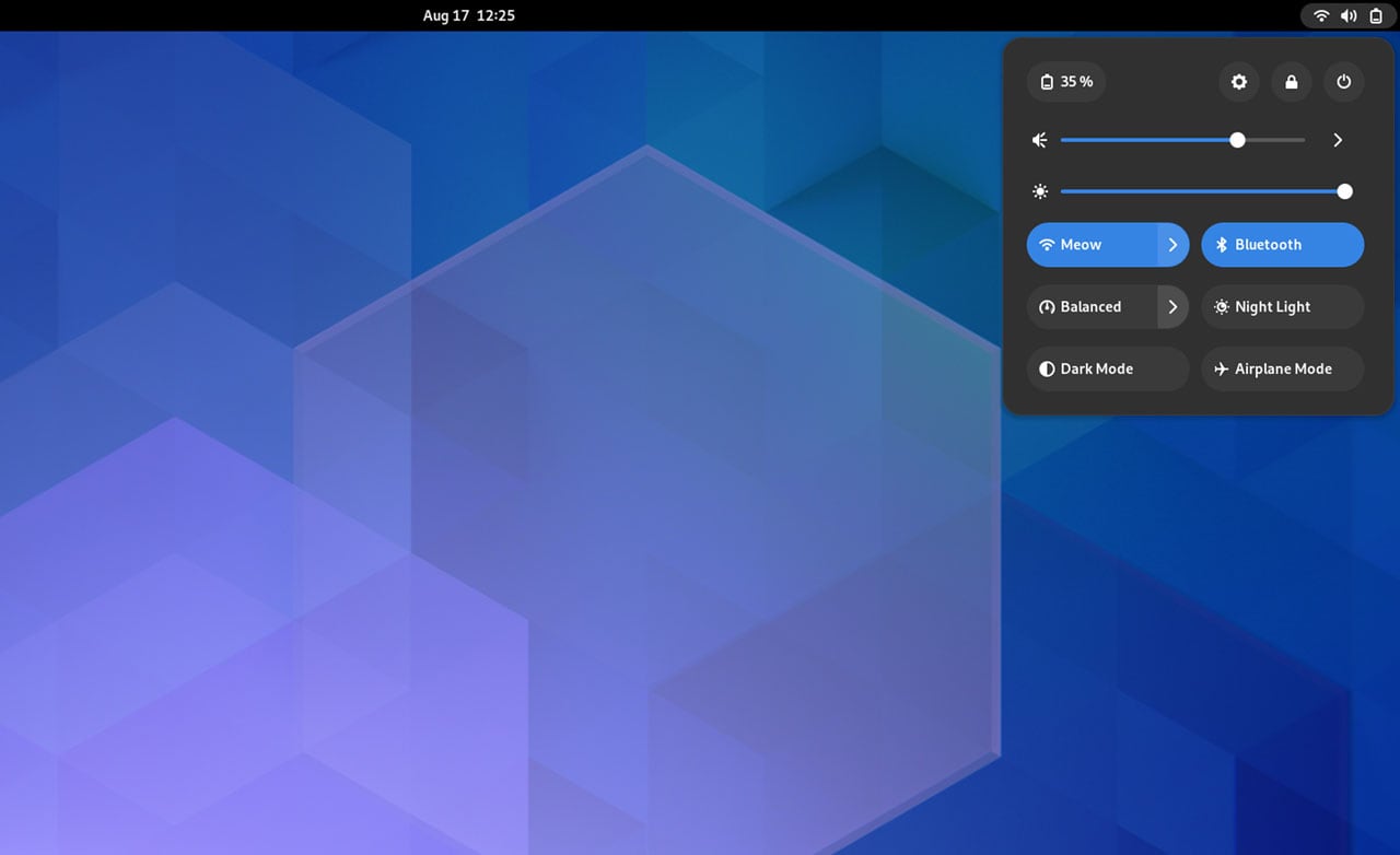 A screenshot of quick toggles in GNOME 43 on Fedora Workstation