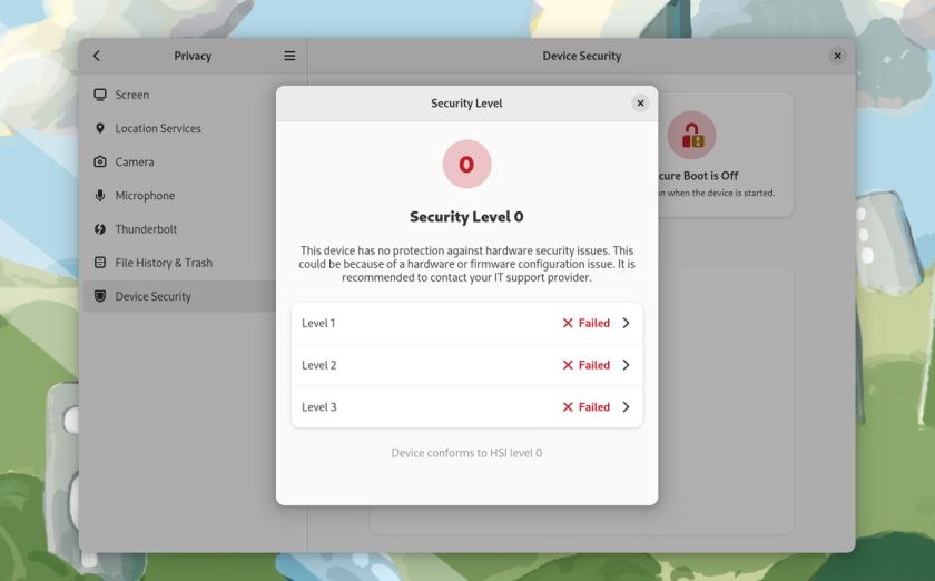 screenshot of the "device security" panel in GNOME 43