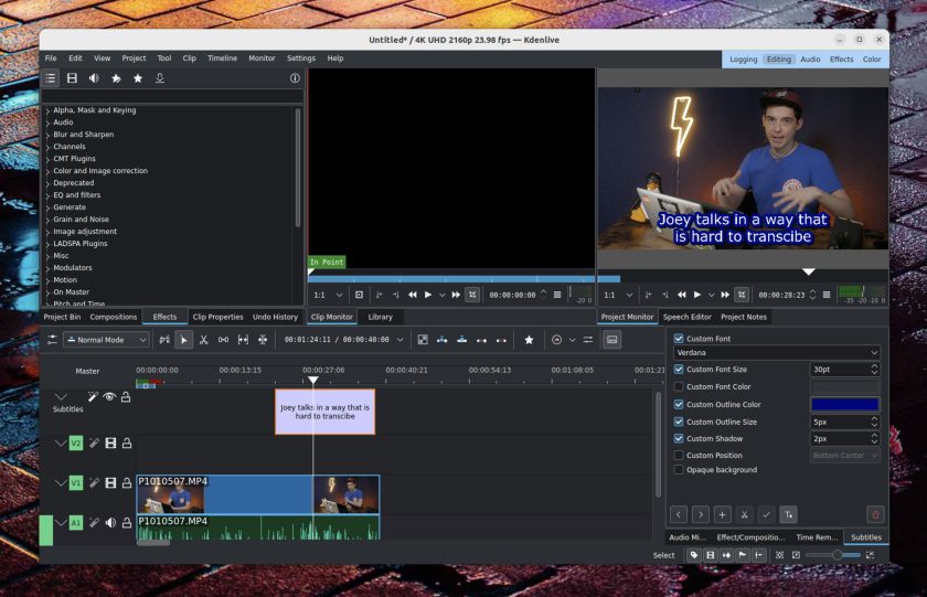subtitle style options in kdenlive video editor