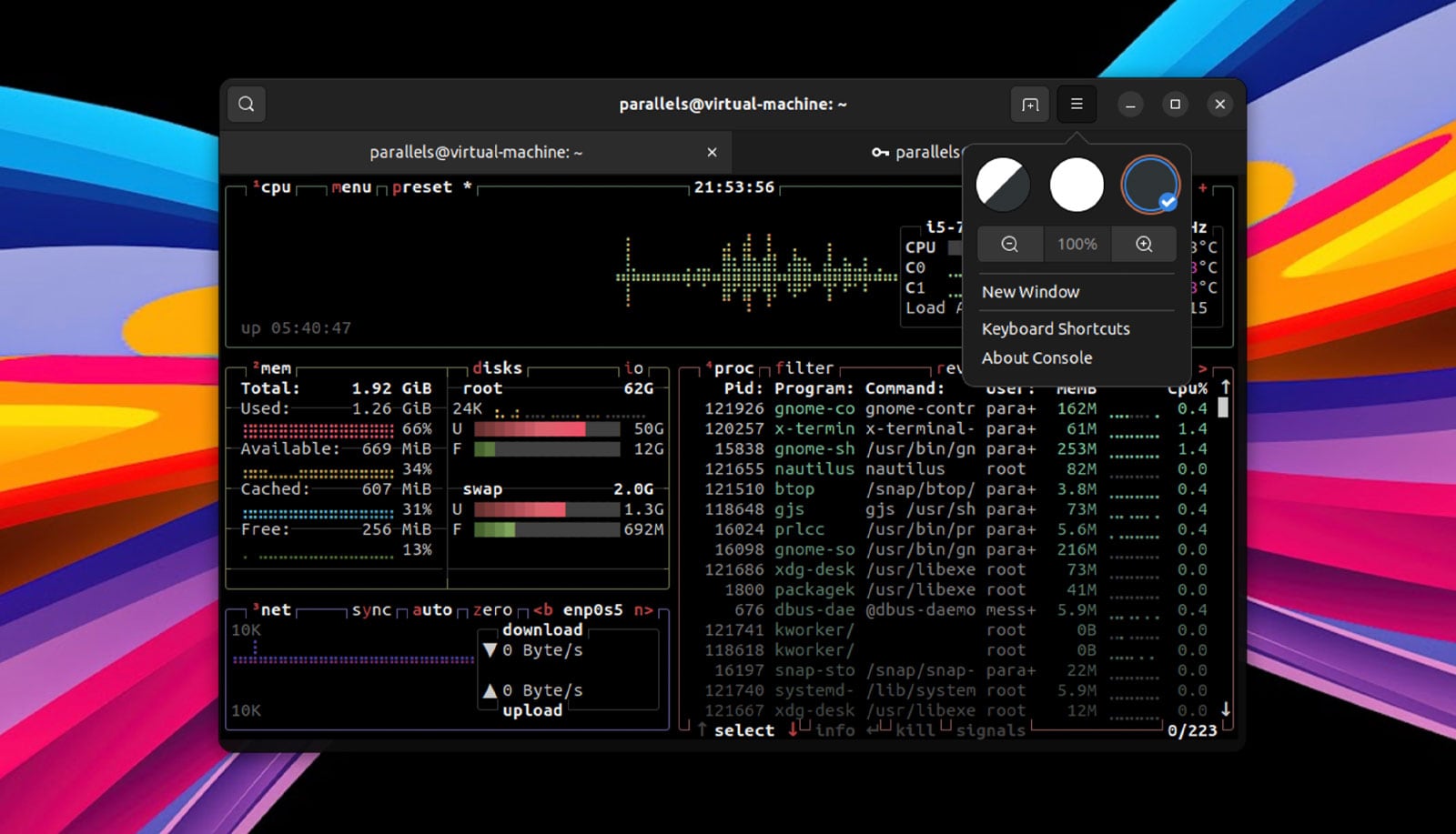 une capture d'écran de l'application GNOME Console exécutant btop sur un fond coloré