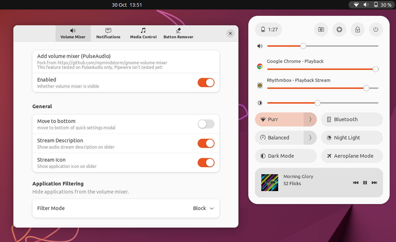 screenshot of Quick Settings Tweaker settings for volume mixer with menu also open