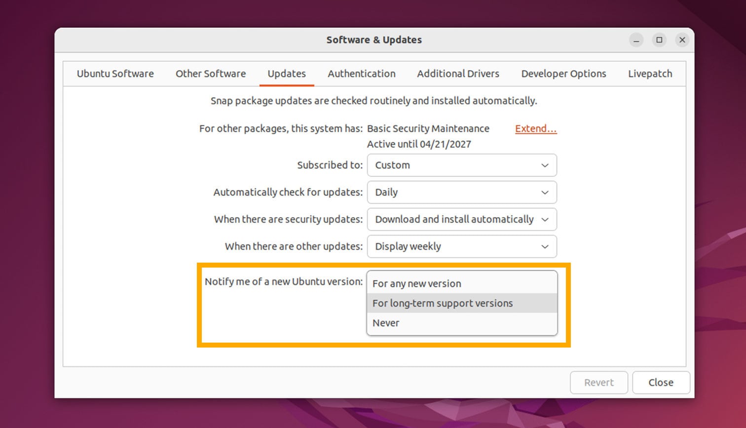A screenshot of software and updates in Ubuntu 22.04 LTS