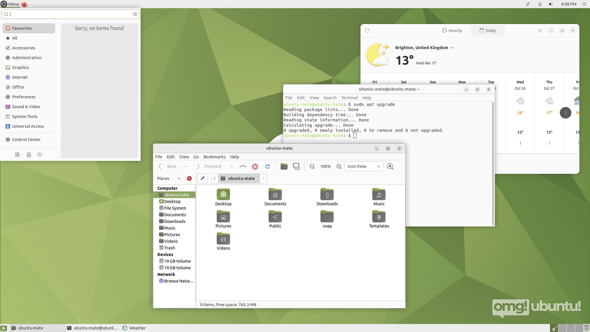 Zrzut ekranu ubuntu mate 22.10 (kinetyczny kudu) przedstawiający menu MATE, menedżera plików Caja i aplikację pogodową libadwaita