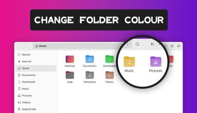 Ubuntu's file manager with colourful folder icons and text that reads 'change folder colour'