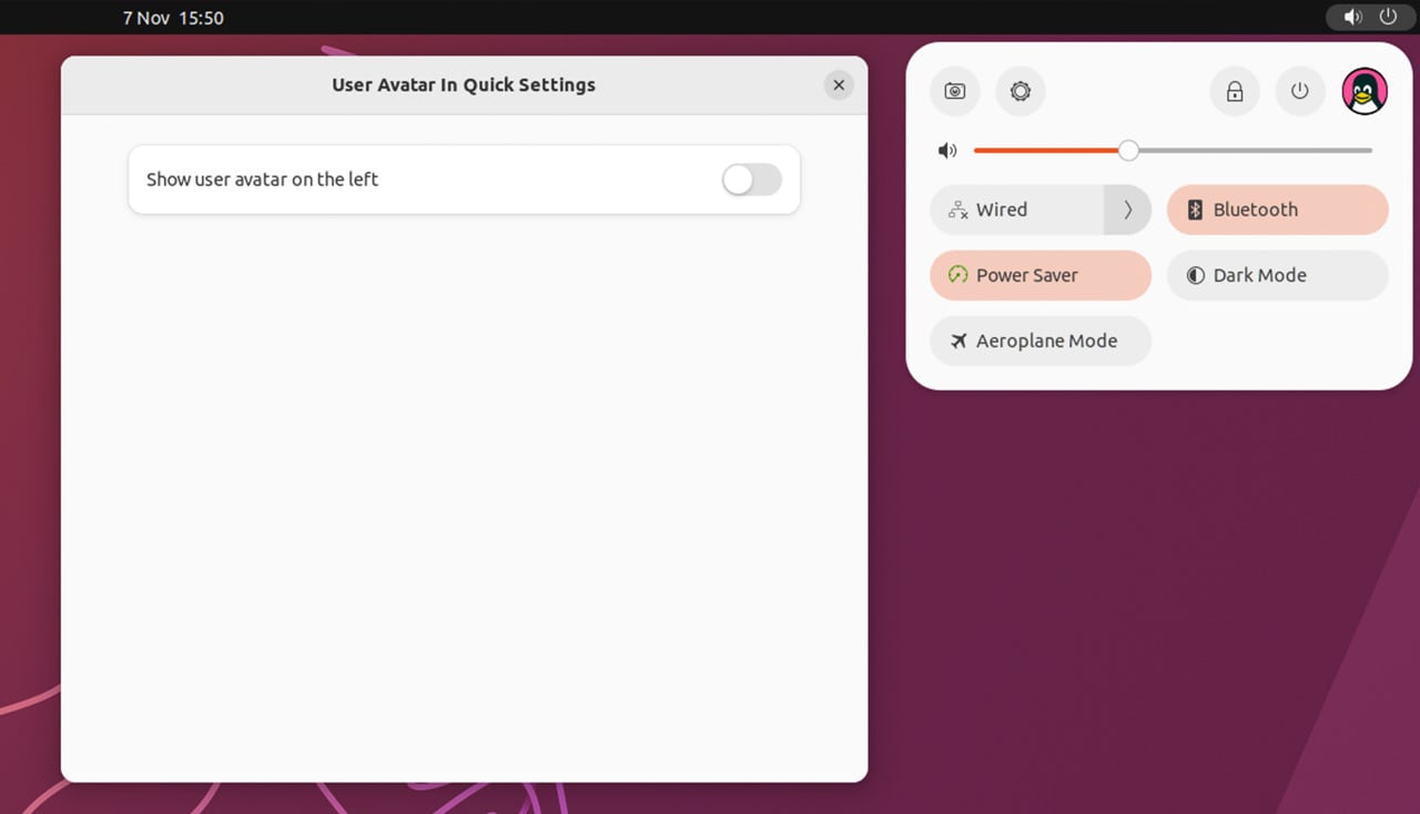екранна снимка на разширението gnome за потребителски аватар за бързи настройки в ubuntu 22.10