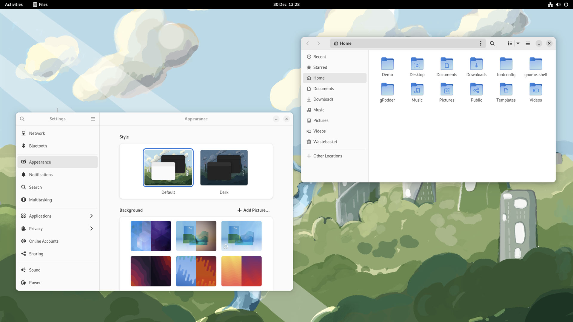 Una captura de pantalla del escritorio de Fedora 37 Workstation con la aplicación Configuración y el administrador de archivos Nautilus abiertos