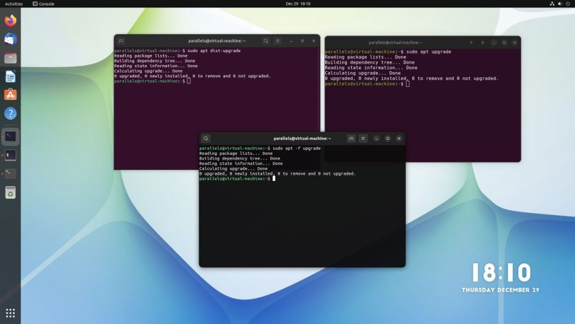 screenshot of three terminal apps open on the Ubuntu 22.04 desktop running the apt command