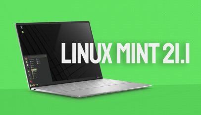Linux Mint 21.1 text on a green background with a laptop graphic off-center