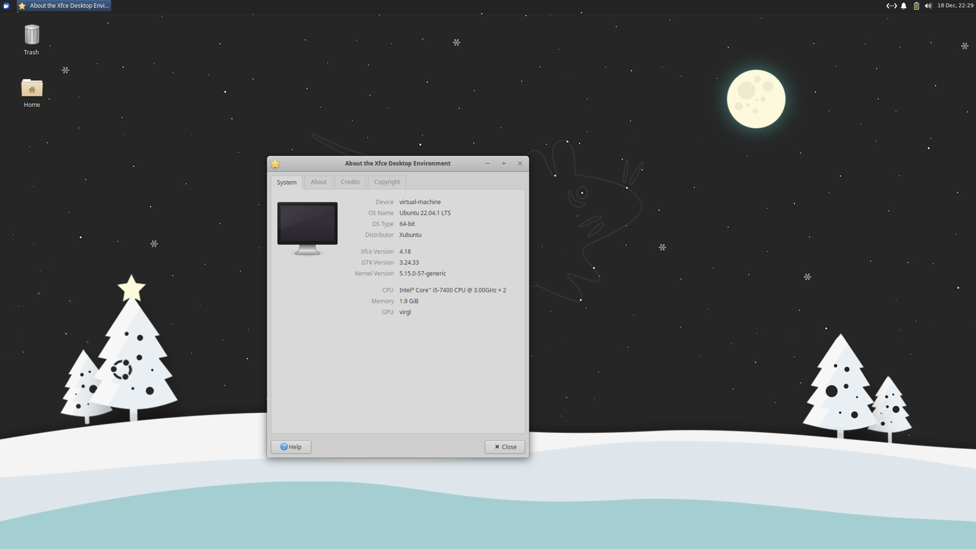 екранна снимка на Xubuntu 22.04, показваща екрана за Xfce About, показващ, че е версия 4.18