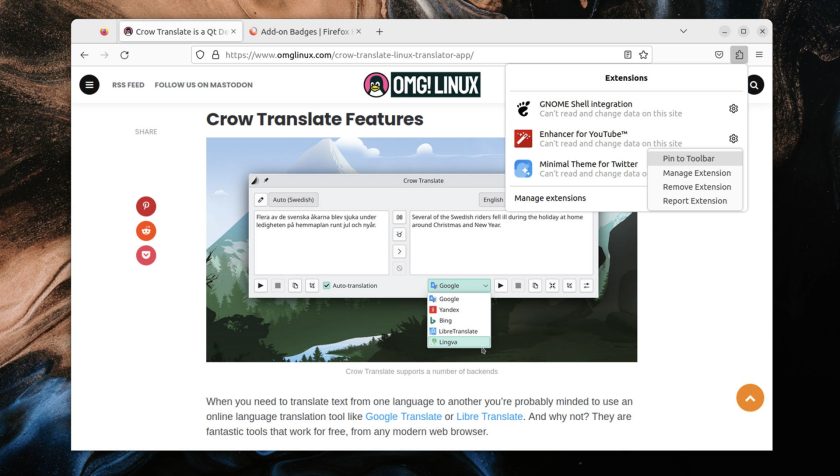 screenshot of Firefox 109's new unified extensions button