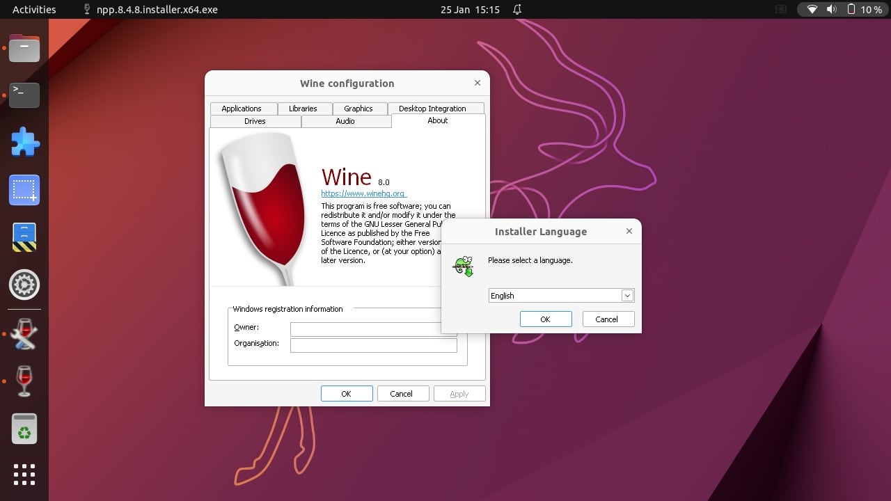 Une Capture D'Écran De La Fenêtre De Configuration De Wine 8.0 Montrant Le Nouveau Mode D'Éclairage, Prise Sur Ubuntu 22.10