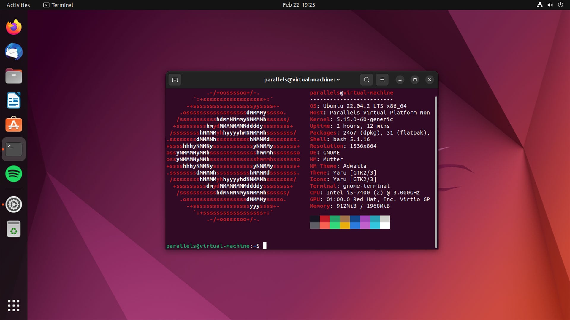 Screenshot van Ubuntu 22.04.2 LTS met het openen van de terminal-app met Neofetch
